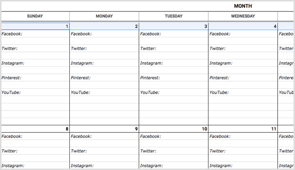 šablóna kalendára sociálnych médií
