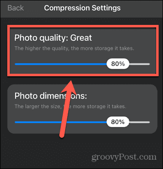nastavenie kvality aplikácie na kompresiu fotografií
