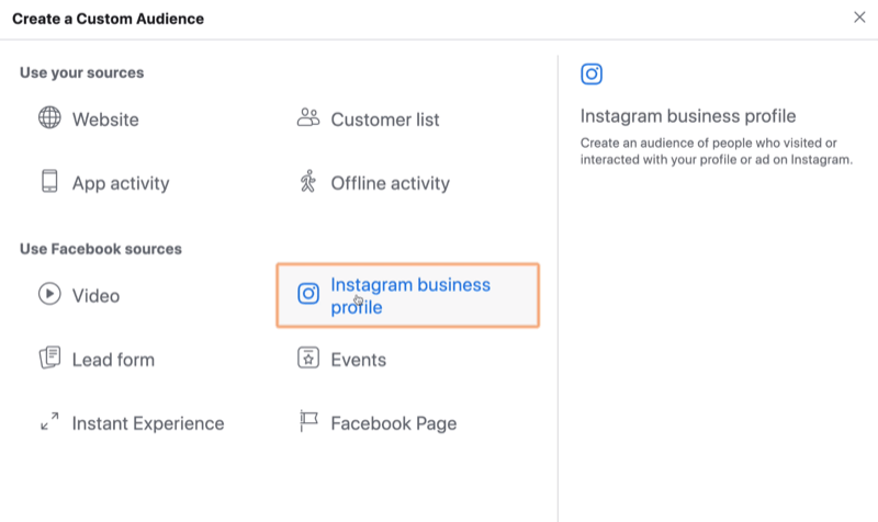 vyberte Instagram Business ako zdroj pre vlastné publikum na Facebooku