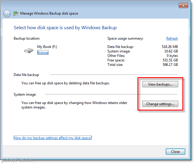 Windows 7 Backup - zobrazenie zálohy alebo zmena nastavení pre úpravu veľkosti