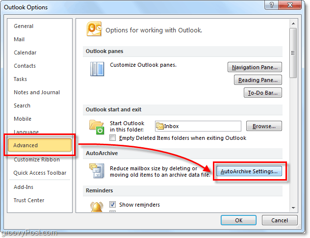 Rozšírené> Automatické archivovanie nastavení v programe Outlook 2010