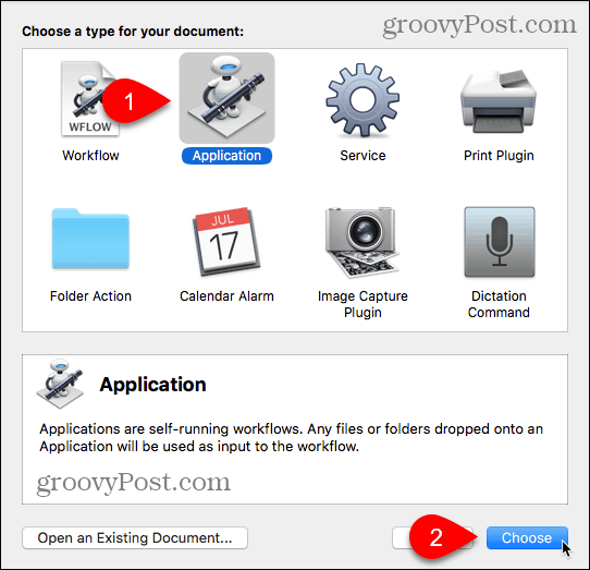 Vyberte typ aplikácie v automatu pre Mac