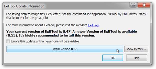 Aktualizácia aplikácie Geosetter ExifTool