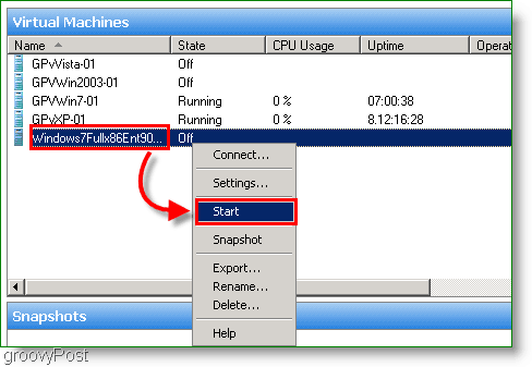kontextové menu virtuálnych strojov na vyhodnotenie systému Windows 7