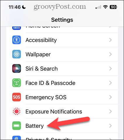 Klepnite na Batéria na obrazovke Nastavenia iPhone
