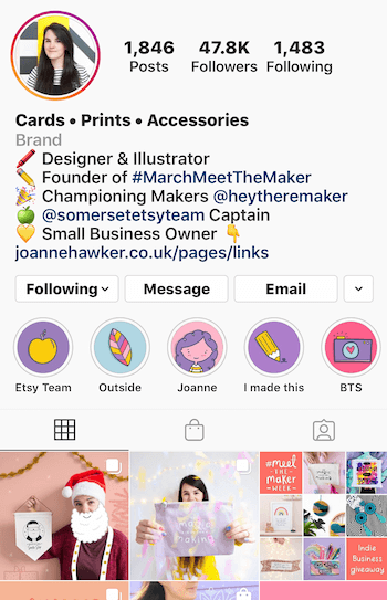 príklad životopisu obchodného účtu Instagram s emojis