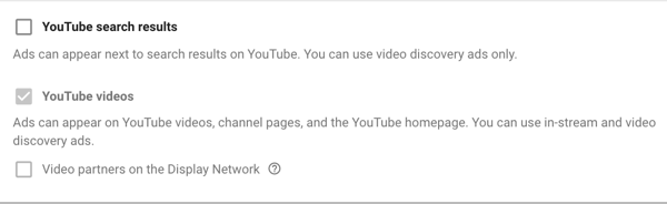 Ako nastaviť reklamnú kampaň na YouTube, krok 11, nastavte možnosti zobrazenia v sieti