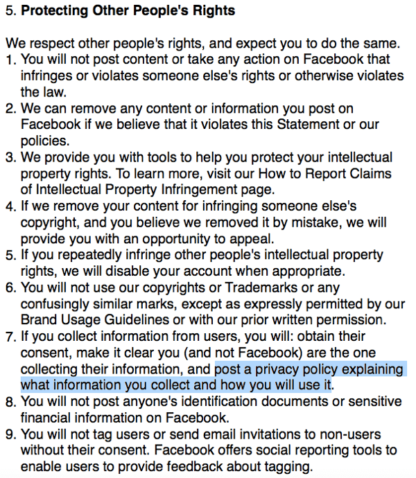 Podmienky Facebooku, v ktorých sú uvedené požiadavky na pravidlá ochrany osobných údajov.