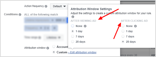 Možnosti nastavenia okna pripisovania pri nastavovaní podmienky pre pravidlo Facebook