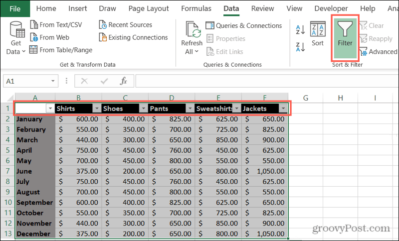 Povoliť filtre v programe Excel
