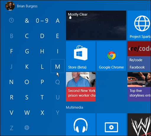 aplikácie podľa prvého písmena Windows 10 Start