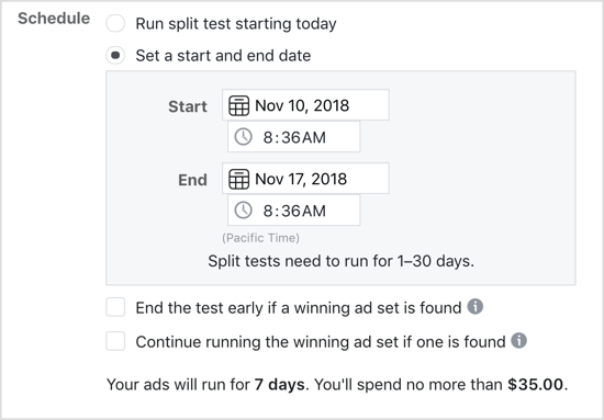 Vyberte možnosť Nastaviť počiatočný a konečný dátum pre test rozdelenia na Facebook.