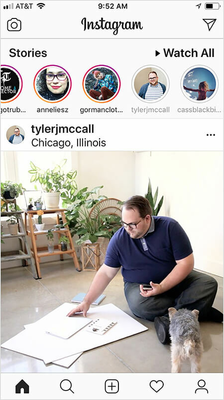 Tyler J. McCall si všimol, že zdá sa, že algoritmus Instagramu zobrazuje viac obsahu účtu v informačnom kanáli, ak sledujete príbeh Instagramu alebo s ním pracujete a naopak. Na domovskej obrazovke Instagramu používateľa sa zobrazuje príspevok od Tylera, keď si používateľ pozrel jeho príbeh. Obrázok feedu Instagramu zobrazuje Tylera, ktorý sedel na zemi s veľkými listami bieleho papiera a notebookom. Malý čiernohnedý pes čelí Tylerovi. V pozadí je veľa zelených rastlín na rebríkoch.