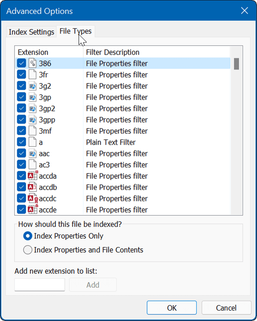 rozšírené možnosti typov súborov