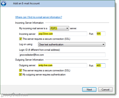 Windows Live Mail https nastavenia e-mailového účtu