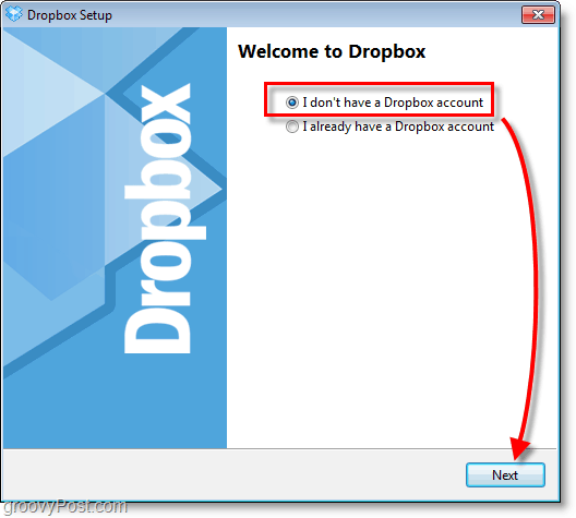 Snímka Dropbox - vyberte si vytvorenie nového účtu
