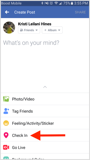 V aplikácii Facebook vytvorte nový príspevok a klepnite na Nahlásiť.