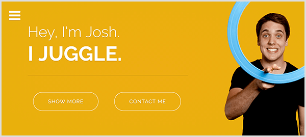 Webová stránka žonglovania Josha Hortona má žlté pozadie, fotografiu, na ktorej sa Josh usmieva a okolo svojho ukazováka krúti svetlomodrým žonglérskym prsteňom, a biely text, ktorý hovorí „Hej, som Josh“. Žonglujem.