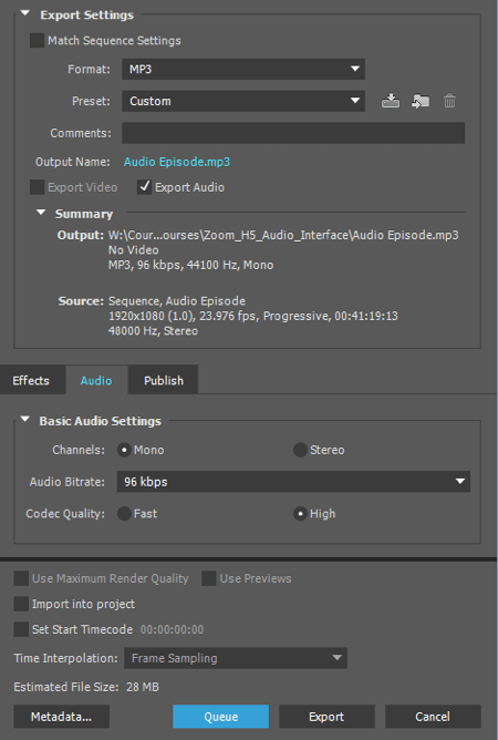 Exportujte svoj zvuk ako súbor MP3 v aplikácii Adobe Premiere.