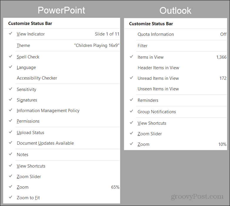 Možnosti stavového riadku programu PowerPoint a Outlook
