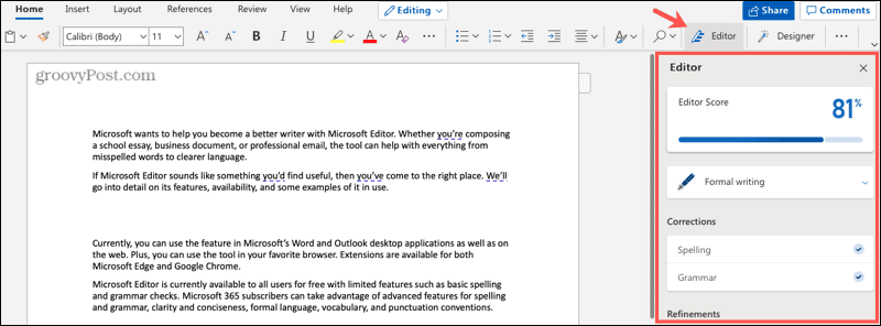 Microsoft Editor vo Worde na webe