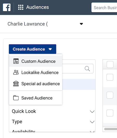 V rozbaľovacej ponuke Vytvoriť publikum v sekcii Publikum v aplikácii Facebook Ads Manager
