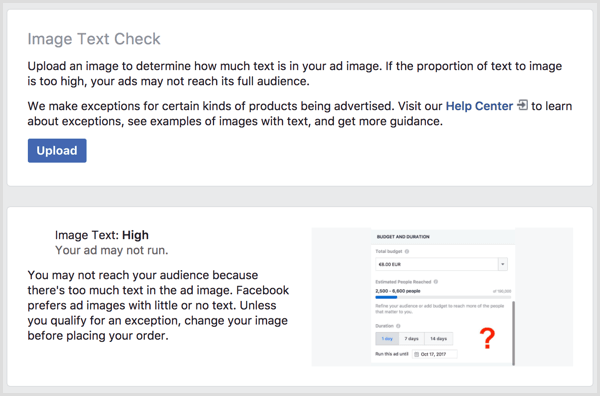 nástroj na kontrolu textu obrázka na Facebooku