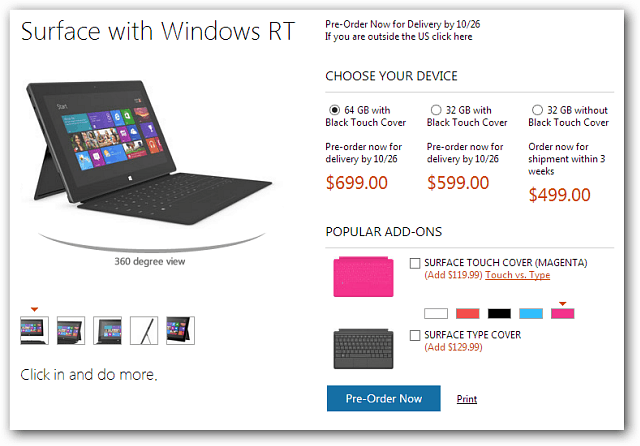Spoločnosť Microsoft oznamuje ceny tabletov Surface RT, ktoré sú k dispozícii na predobjednávku