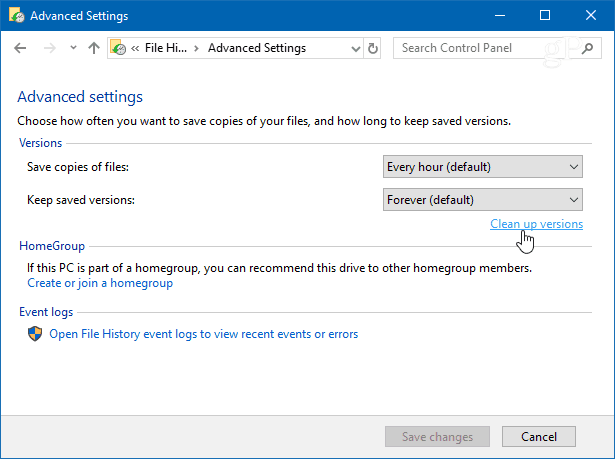 Vyčistiť verzie histórie súborov systému Windows 10