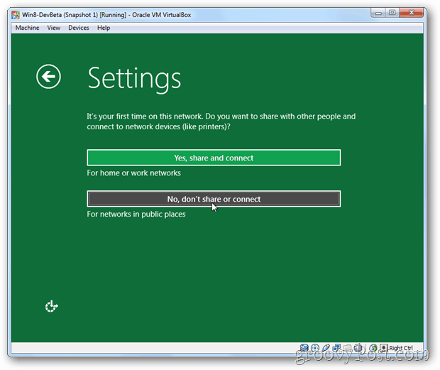VirtualBox Windows 8 inštalácia zdieľať nastavenia zdieľania alebo zdieľať?