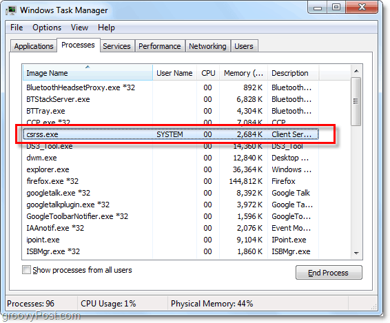 csrss.exe, ako je vidieť v Správcovi úloh systému Windows 7