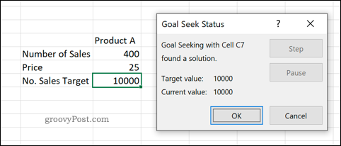 Ukážka nástroja na vyhľadávanie cieľov v programe Excel