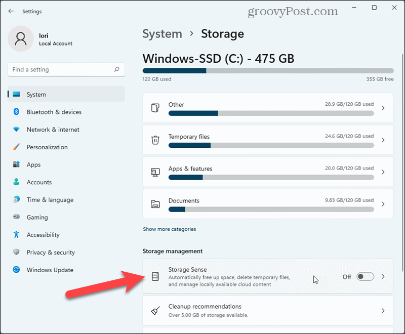 V nastaveniach systému Windows 11 kliknite na položku Storage Sense