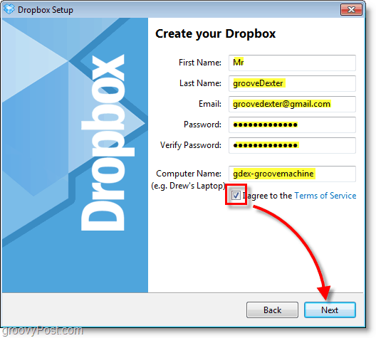 Snímka Dropbox - zadajte informácie o svojom účte