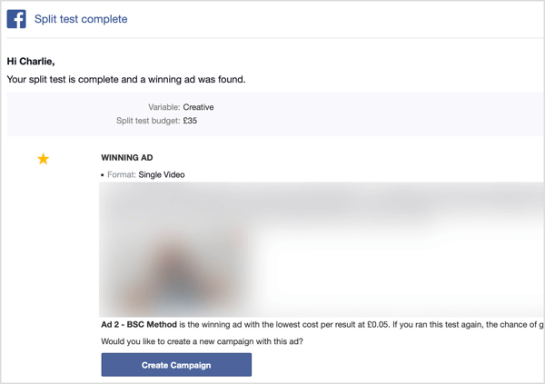 Po dokončení testu rozdelenia na Facebook dostanete e-mail.
