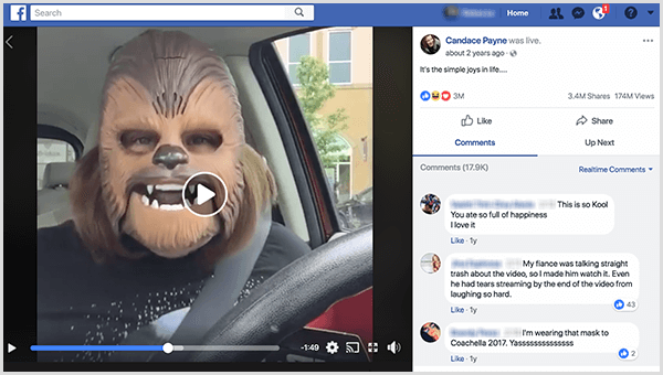 Candace Payne bola zverejnená na Facebooku v maske Chewbacca z Kohlovho parkoviska. V čase vytvorenia tejto snímky obrazovky malo jej video 3,4 milióna zdieľaní a 174 miliónov zhliadnutí.