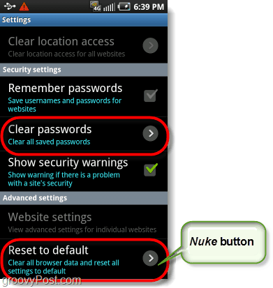 Tlačidlo prehliadača Android pre Android, obnovenie predvolených nastavení od výroby a vymazanie hesiel