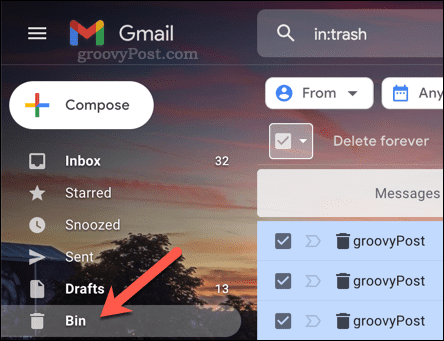 Otvorenie priečinka Kôš v Gmaile