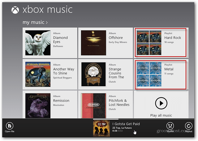 Zoznam skladieb zobrazený v službe Xbox Music