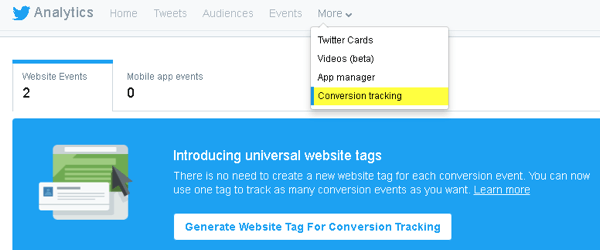 Twitter vám umožňuje pridať na váš web kód na sledovanie konverzií a na vytvorenie publika na mieru.