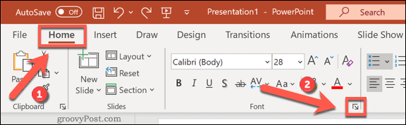 Prístup k ponuke možností písma v aplikácii PowerPoint v systéme Windows