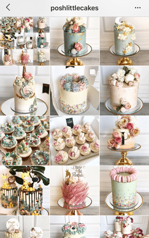 Ako vylepšiť svoje fotografie v instagrame, ukážka témy feedu z aplikácie Posh Little Cakes, ktorá zobrazuje tlmenú farebnú paletu