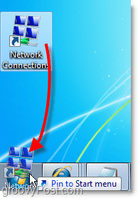 presuňte odkaz z pracovnej plochy do ponuky Štart pre sieťové pripojenia v systéme Windows 7, ktorý je ľahko dostupný