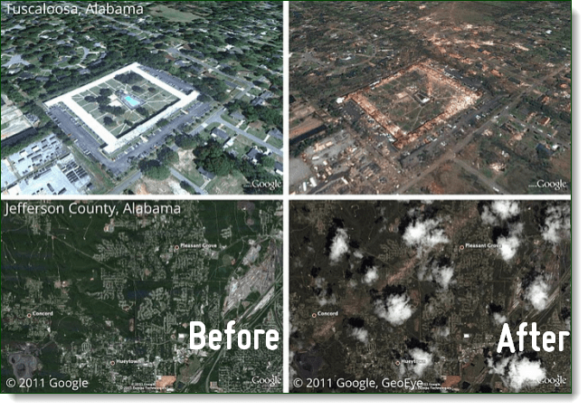 Prečítajte si informácie o následkoch nedávnych tornád z Alabamy prostredníctvom programu Picasa aplikácie Google Earth
