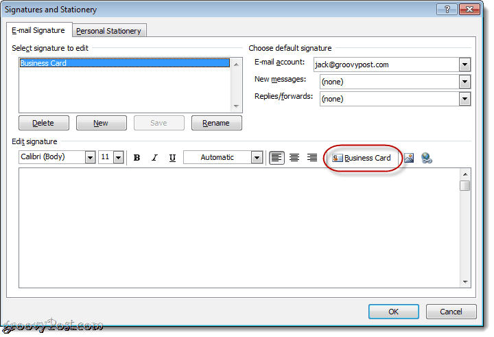 Priložte vizitku v e-mailovom podpise programu Outlook 2010