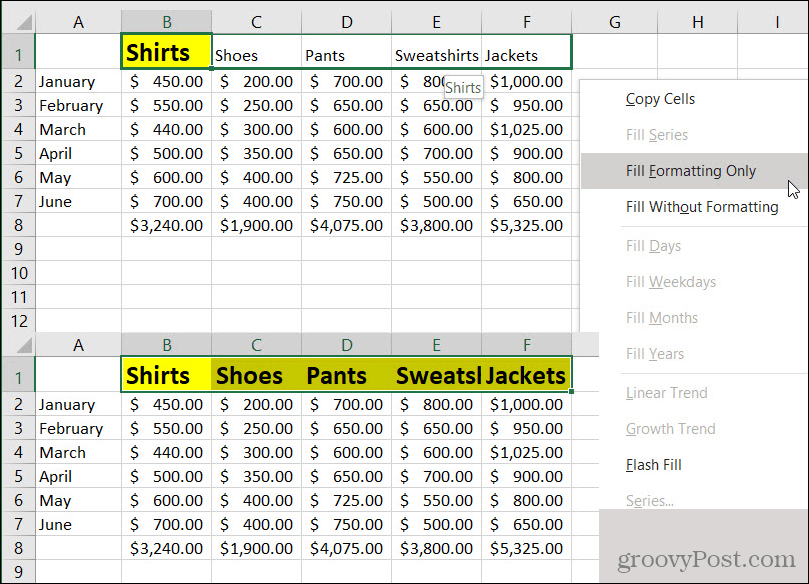 Formátovanie automatického dopĺňania v programe Excel