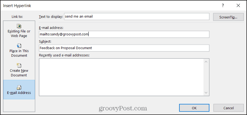 Odkaz na e-mail v programe Word vo Windows
