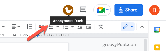 Príklad anonymného používateľa v dokumente Google Docs.