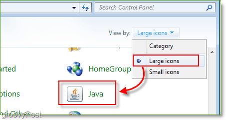 Screenshot: Windows 7 Ovládací panel Spustenie Java