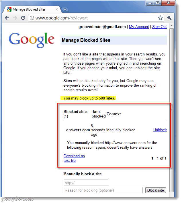zoznam vašich blokovaných webových stránok Google
